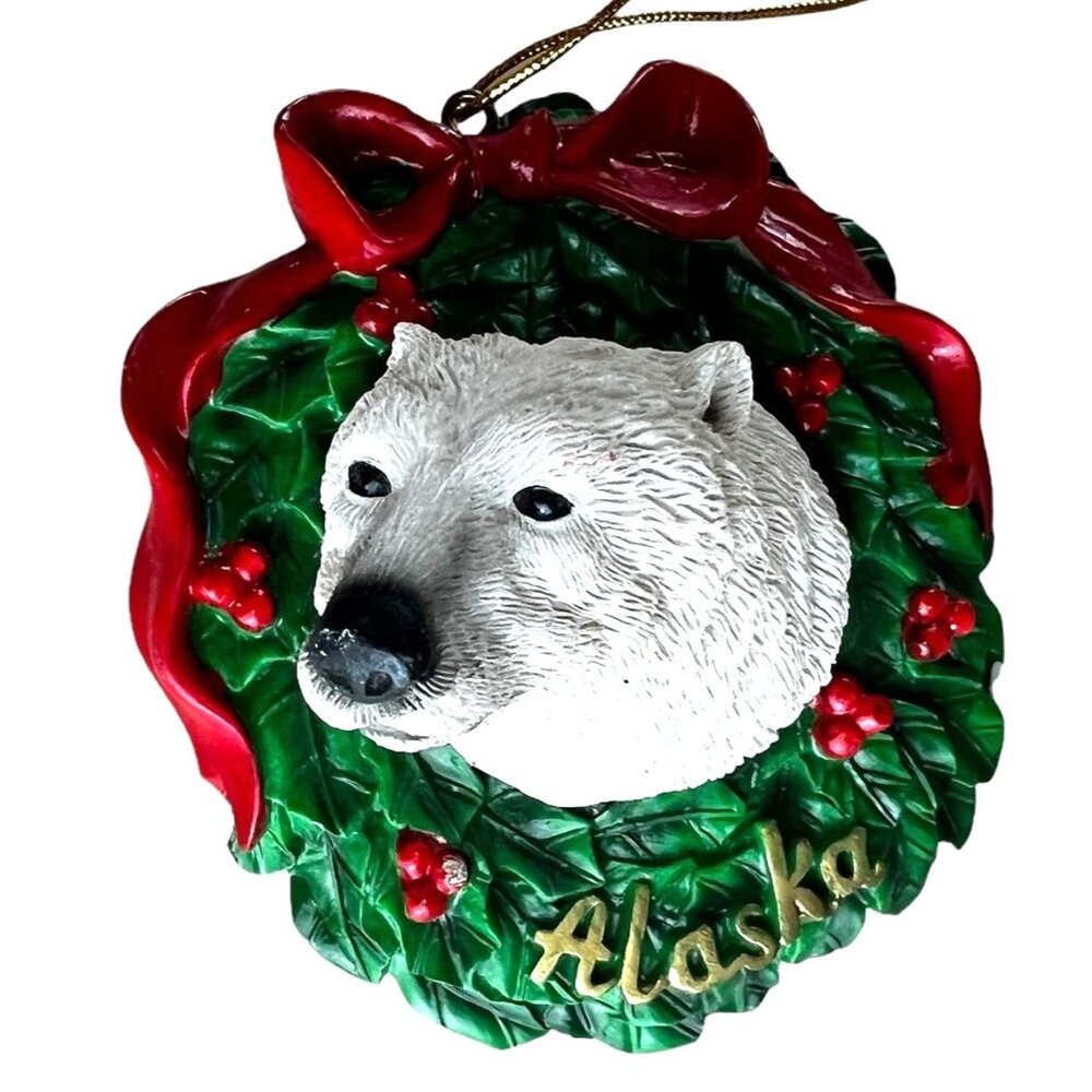 Polar Bear Christmas Ornament Alaska Wreath With Red Bow & Berries - White Green - Picture 7 of 8
